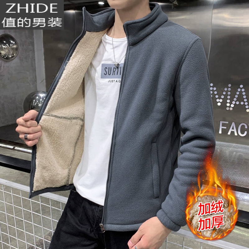 值得男装季贴标工装外套男潮牌冲锋衣帅气百搭纯色夹克青年大码上衣_463 加绒加厚-889灰色 4XL