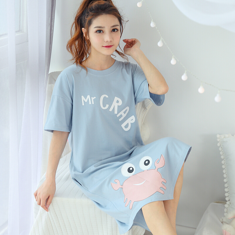睡裙女夏韩版清新学生可爱小猪睡衣短袖棉夏天可外穿宽松家居服8801#小猪蓝色