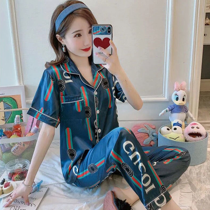 短袖开衫薄款仿真丝女士睡衣韩版宽松性感家居服 字母酷奇dxck短长 m