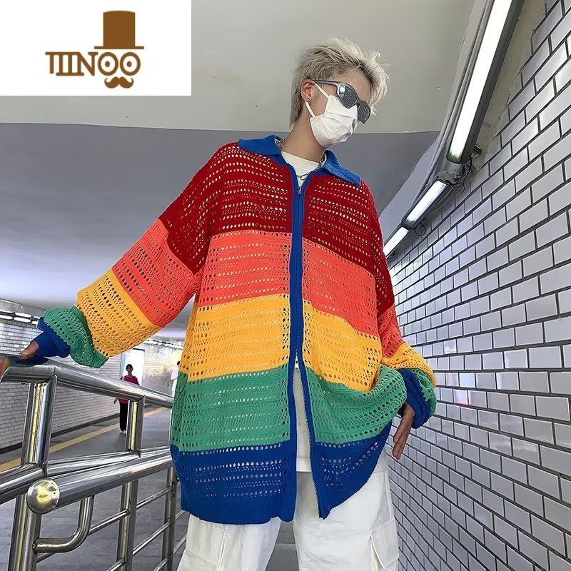 YANXU美式针织开衫毛衣男款潮牌多巴胺条纹镂空拉链宽松彩虹外套
