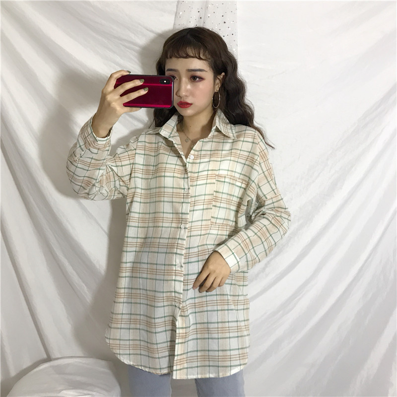 衬衫女秋季新款韩版女装宽松中长款防晒外套休闲薄款长袖格子衬衣
