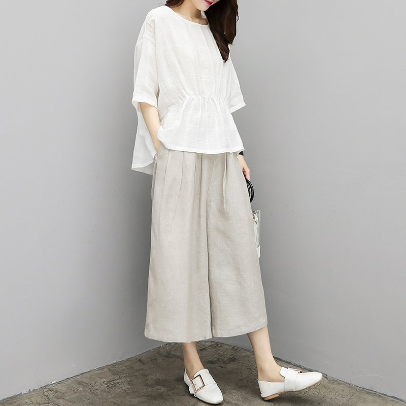 时尚棉麻阔腿裤套装女夏装文艺复古胖mm大码女装休闲亚麻两件套