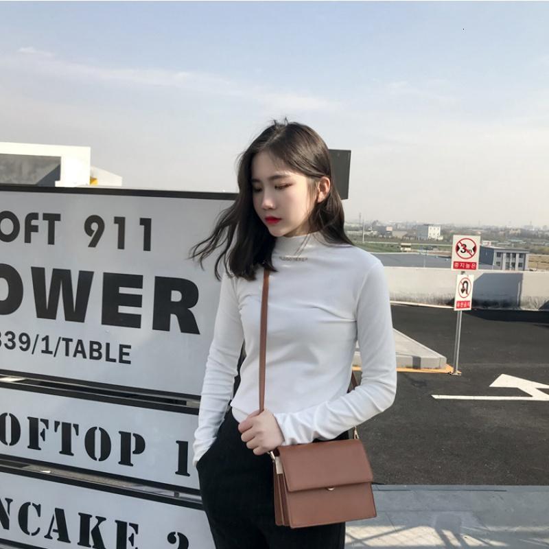 嗨Girl2019半高领上衣打底衫女秋冬套头字母绣花修身学生纯色长袖T恤女