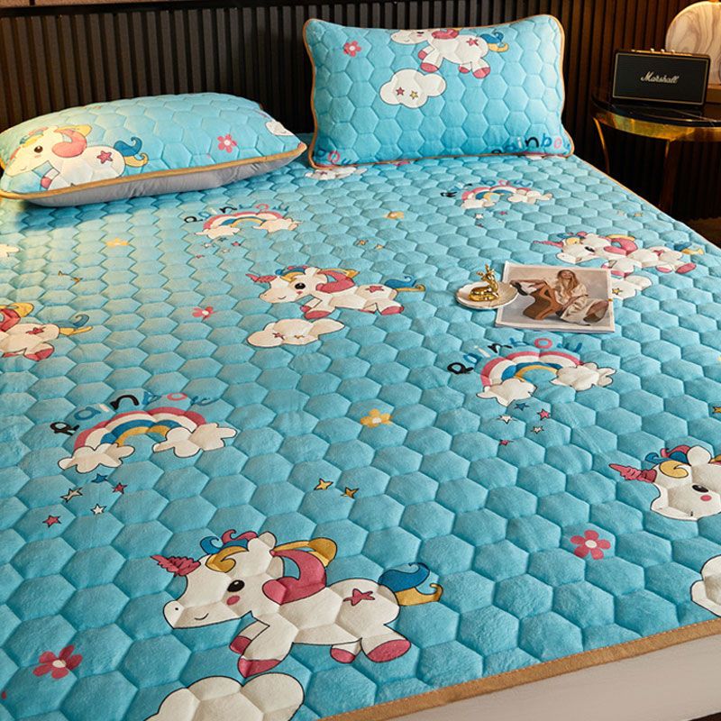 冬季可机洗薄床垫软垫法莱珊瑚绒加绒保暖毛毯褥子垫被防滑 彩虹马 150*200cm单件