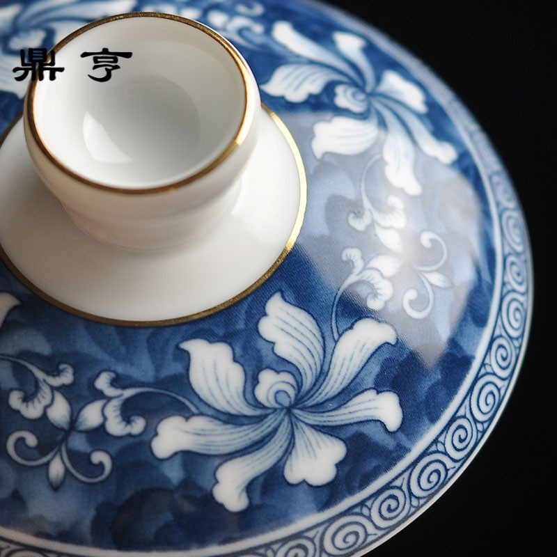 鼎亨锦上添花中式现代青花瓷金边三才盖碗品茗冲泡茶碗杯陶瓷功夫
