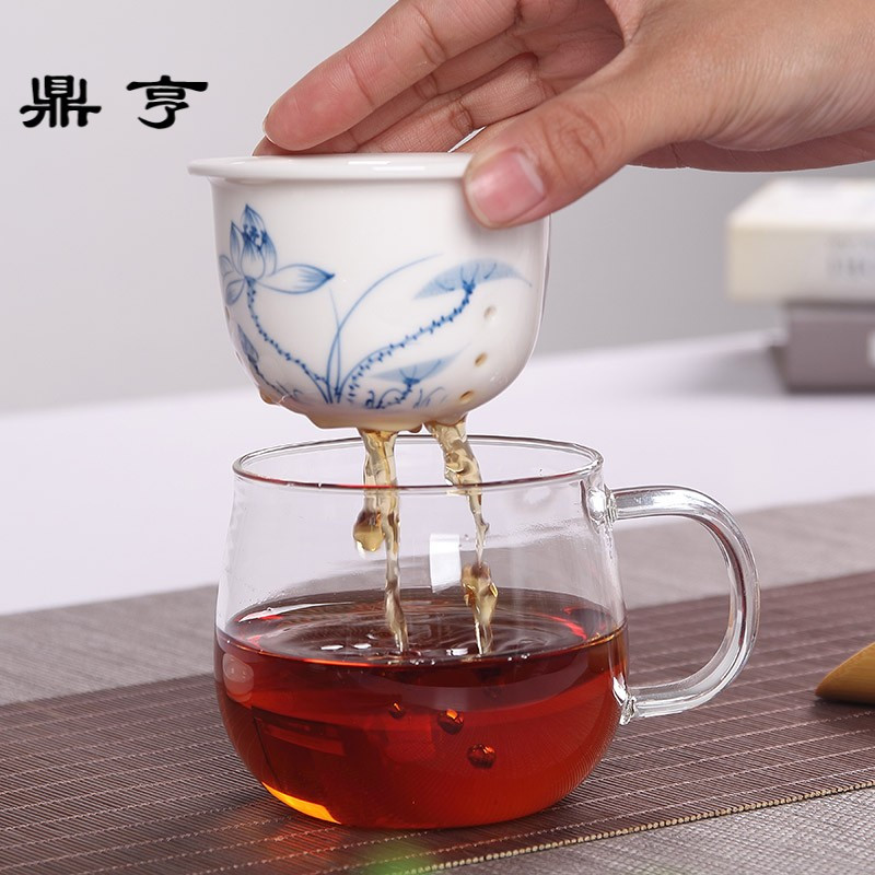 鼎亨耐热玻璃茶杯手绘陶瓷内胆带盖过滤带把茶水分离个人泡茶杯