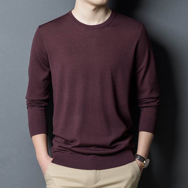 免费试穿 春秋薄款羊绒衫男高端精纺100纯羊毛绒圆领薄款毛衣男修身打底羊毛衫打底衫100纯羊毛衫套头商务羊绒衫男士毛衣男 6043低圆领深咖 180/2XL