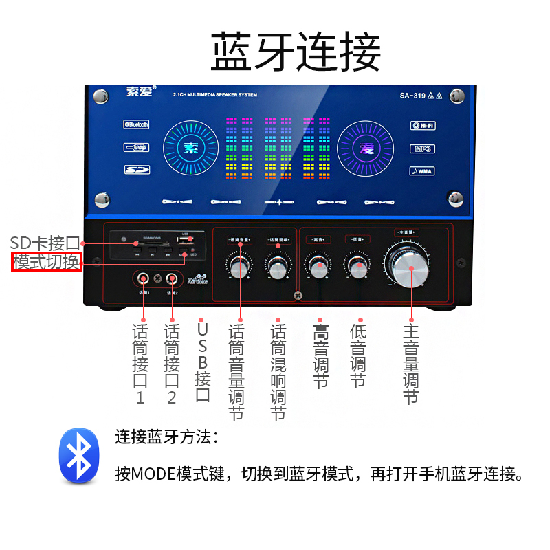 索爱2.1多媒体组合音响 低音炮台式电脑笔记本有源蓝牙音箱扬声播放器插卡炫彩发光 普通版无七彩灯光配单无线话筒