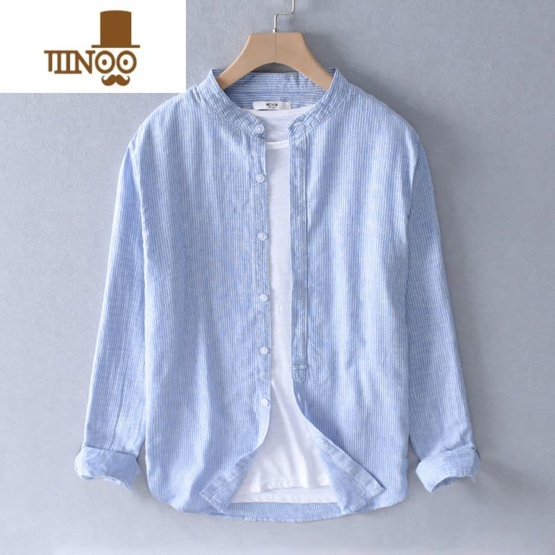 YANXU日系条纹亚麻衬衫男长袖休闲复古宽松立领棉麻衬衣男外穿夏季上衣图片