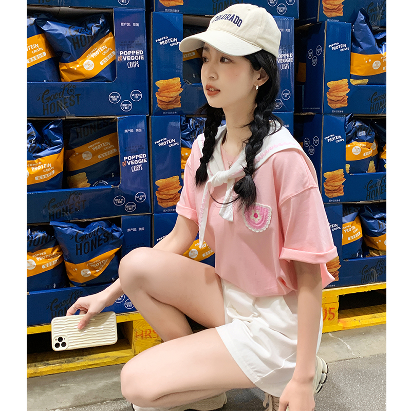 [2.5折价65元]唐狮新款领粉色短袖T恤女夏季纯棉宽松上衣女日系甜美sz