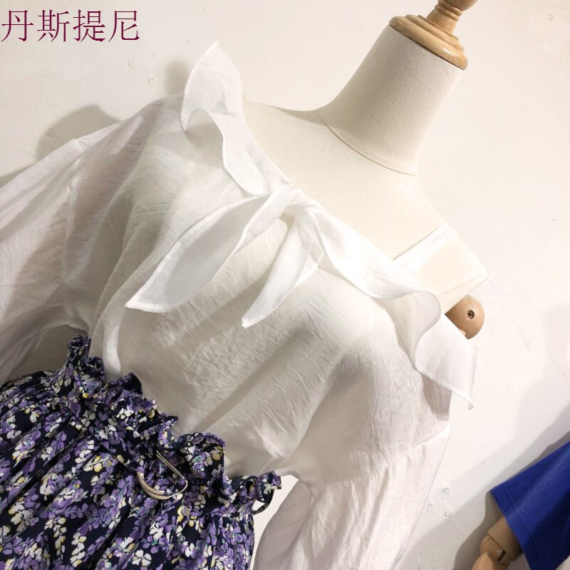 特惠白色荷叶边带五分短袖衬衫女2018夏装韩范软妹衬衣上衣 白色 均码
