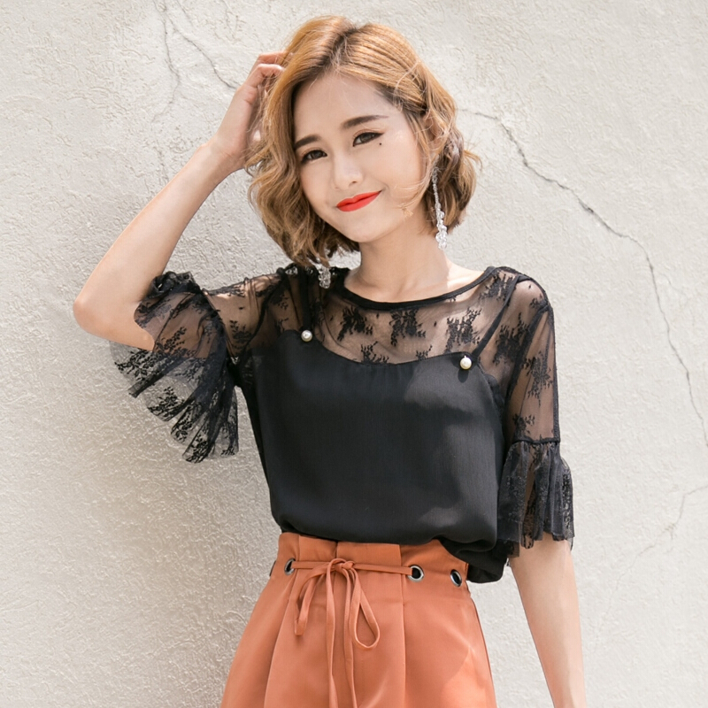 雪纺衫短袖女2018新款夏季韩版百搭宽松小衫蕾丝衫喇叭袖上衣服潮