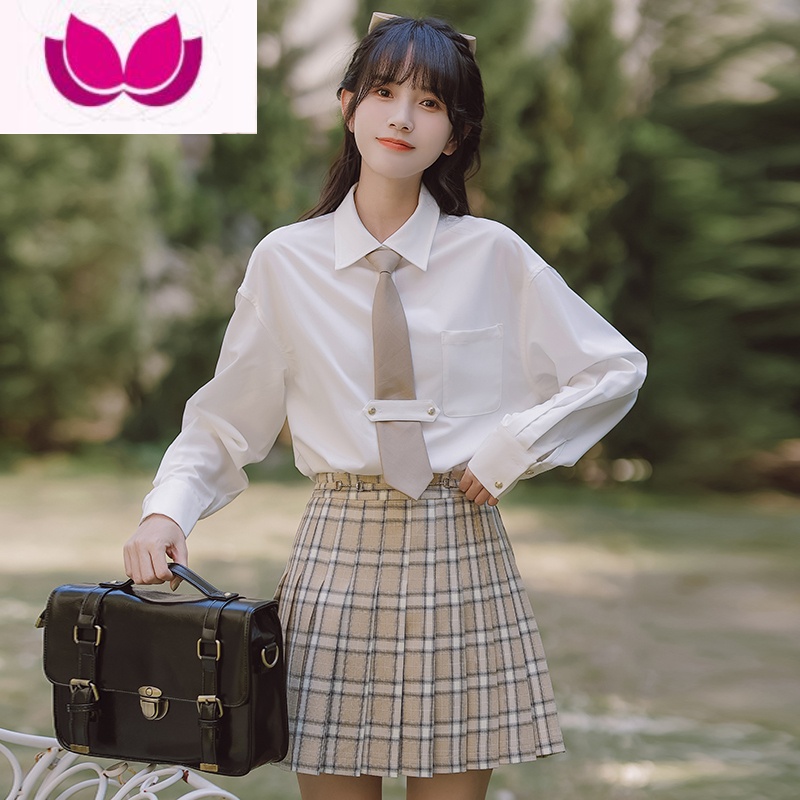 七斓奶白色西装女外套文艺贵族学院风刺绣校徽校供格裙JK西服套装 杏色衬衫+裙子送领带 M