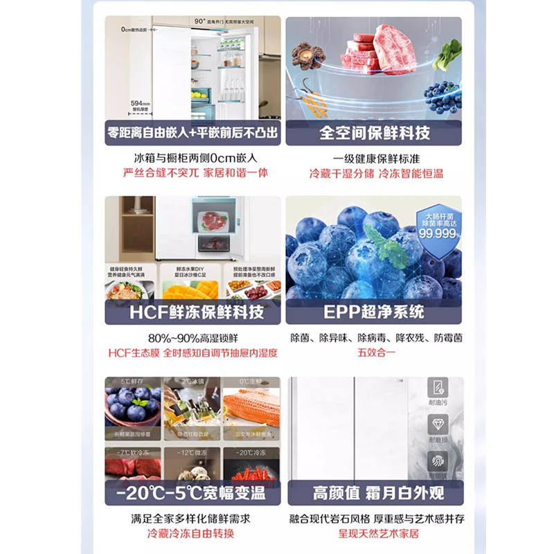 海尔山茶花系列475L十字四开门超零嵌入式全空间保鲜家用风冷无霜超薄零嵌冰箱BCD-475WGHTD1BGZU1家电补贴