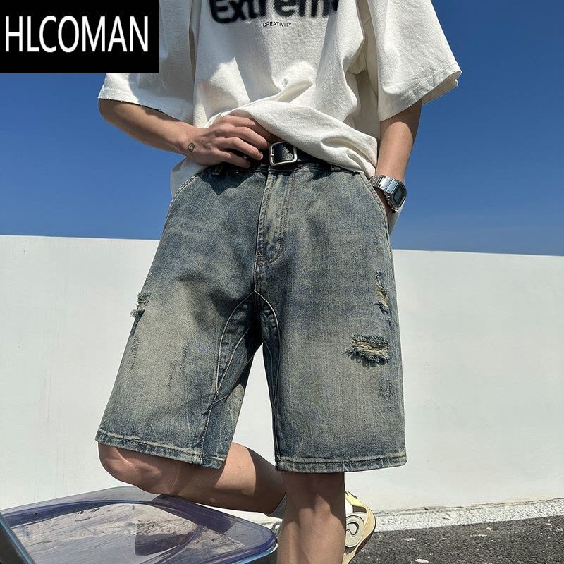 HLCOMAN破洞牛仔短裤男款夏季美式潮流宽松休闲裤子水洗大码高街五分裤子图片