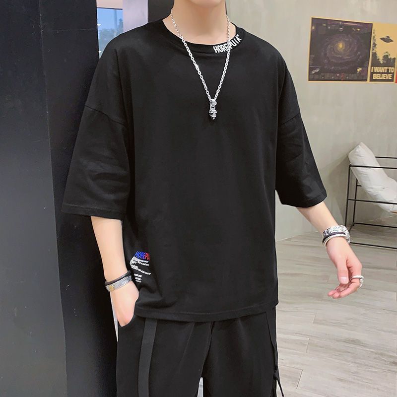 流休闲宽松纯色男衣服棉打底衫牌时尚嘻哈简约半袖体恤青年男装汗衫