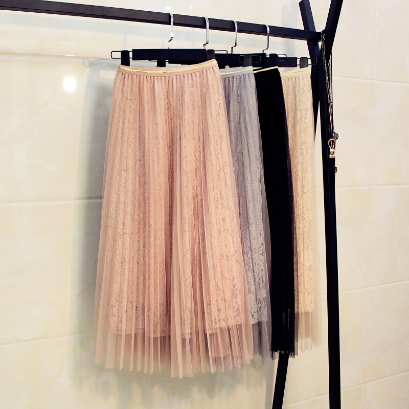 纱裙百褶裙中长半身裙2018春夏新款a字裙金边高腰蕾丝网纱裙子女粉色