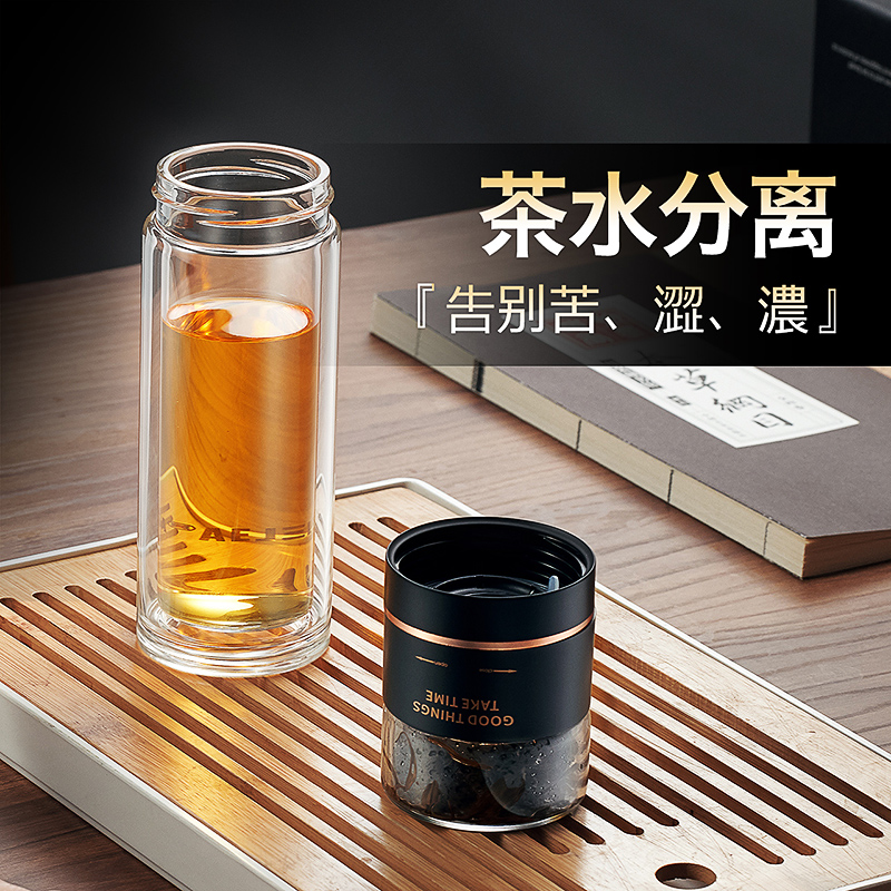 家柏饰(CORATED)茶水分离双层玻璃杯男透明泡茶杯过滤便携过滤茶杯杯子水杯 双层水樱粉高清大图