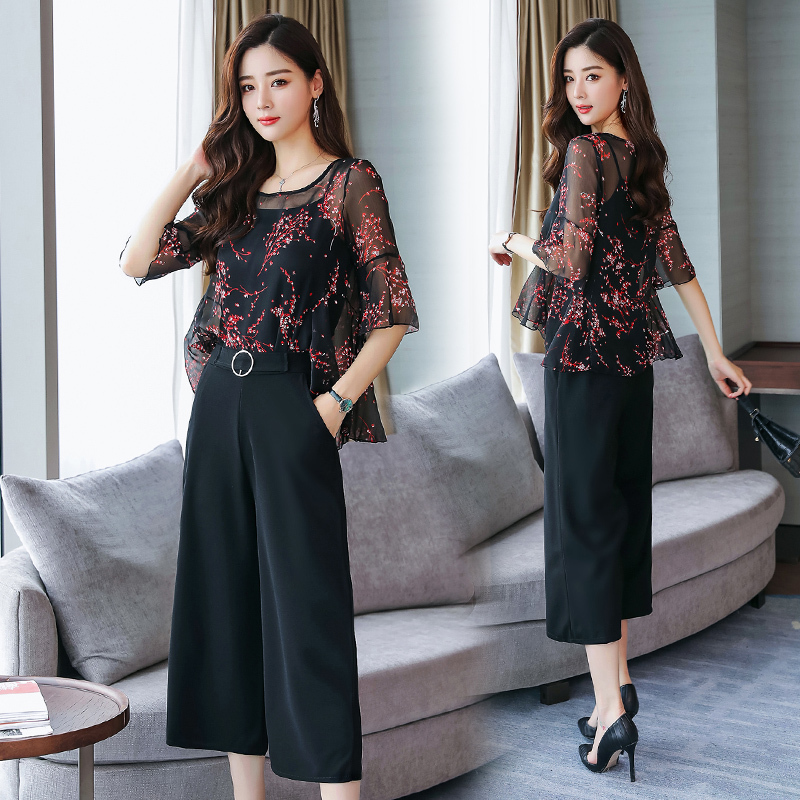 阔腿裤套装女夏女士新品韩版时尚女装短袖印花气质淑女夏款两件套
