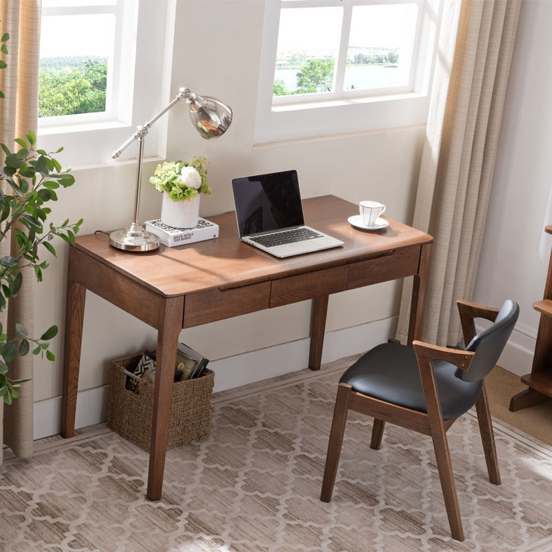 全实木书桌北欧简约现代学习桌白橡木三抽写字台办公桌