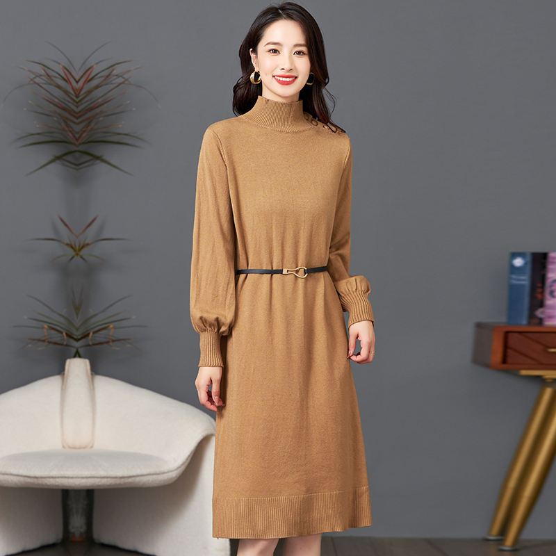 冬季长款过膝连衣裙女2024新款春秋洋气加厚内搭打底衫气质毛衣裙配大衣的毛衣裙子女中长款内搭打底过膝遮肉大码针织连衣裙秋高清大图