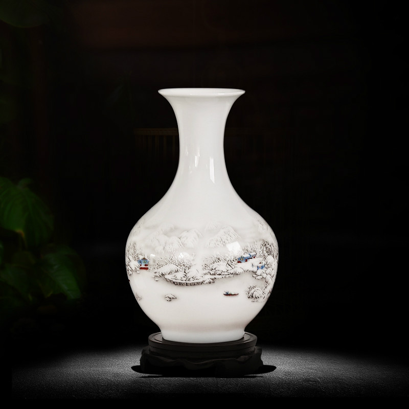 景德镇陶瓷器花瓶 落地大号仿古清明上河图青花瓷瓶酒店客厅摆件 三维工匠 雪景赏瓶+底座高清大图