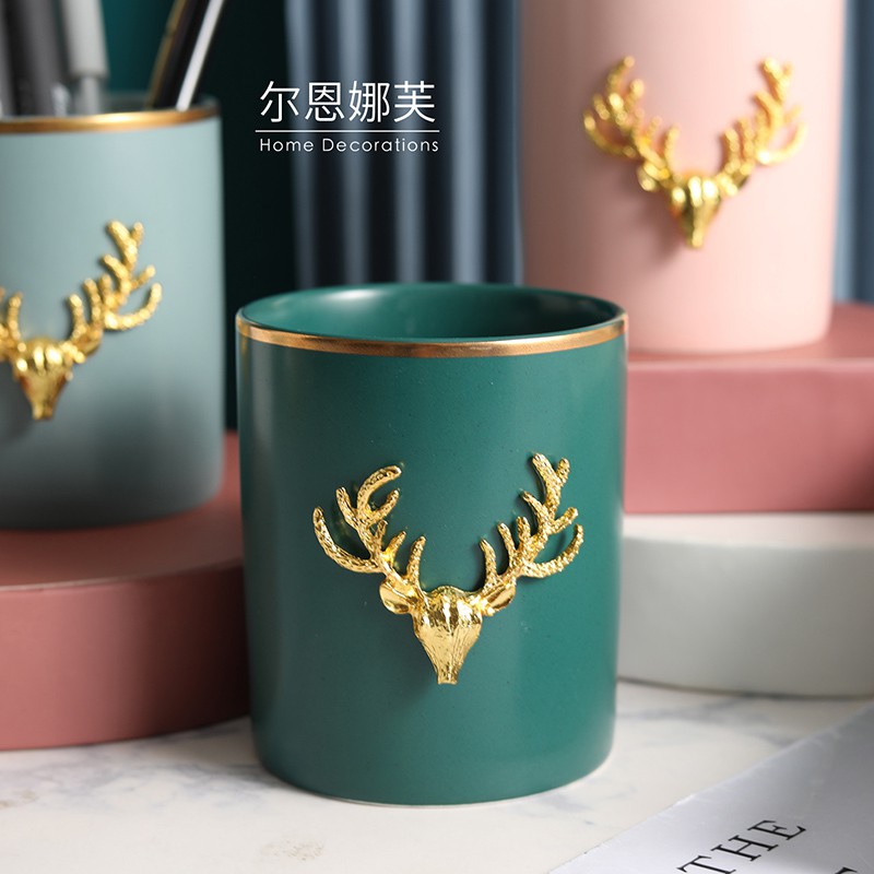 尼克鹿小清新笔筒桶 陶瓷化妆刷筒化妆刷桶桌面眼线笔眉笔收纳筒 三维工匠 纯灰蓝筒高清大图