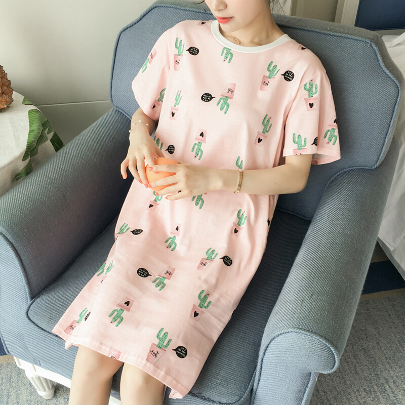 睡裙女夏季韩版清新学生可爱睡衣短袖纯棉仙人掌夏天可外穿家居服