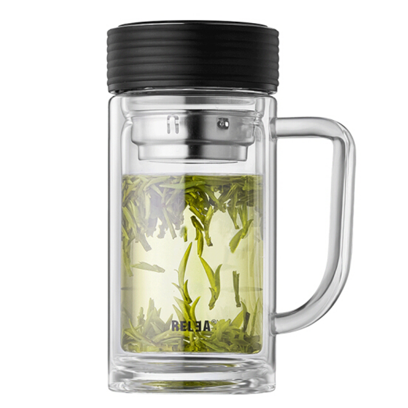 物生物(RELEA)玻璃杯双层水晶茶杯带手柄商务泡茶杯子过滤网加厚大容量水杯 360ML 君逸
