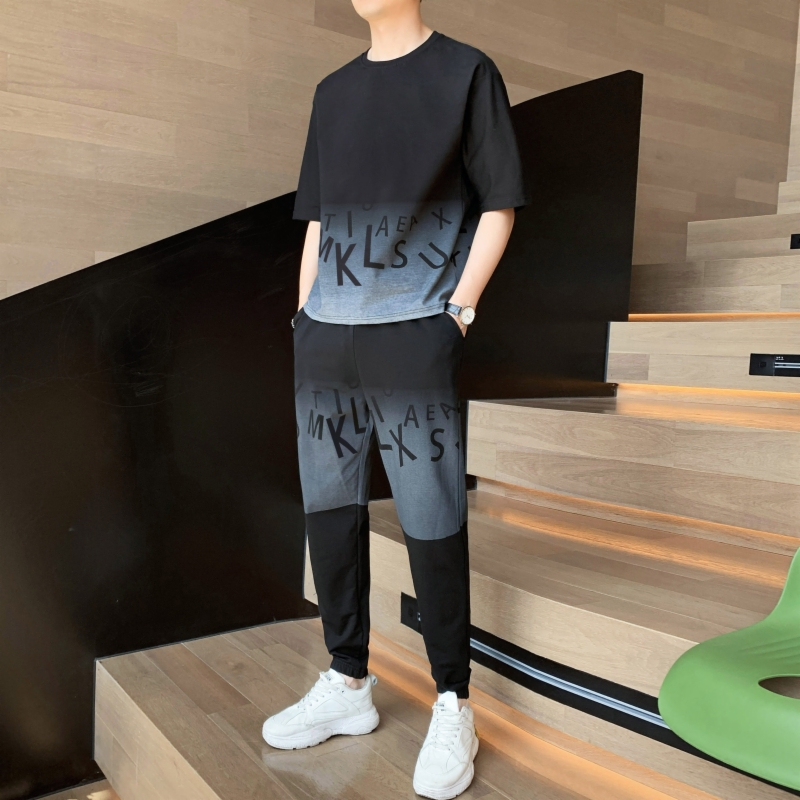 晗亦然短袖t恤男休闲运动套装新款夏天韩版潮牌时尚帅气搭配长裤二