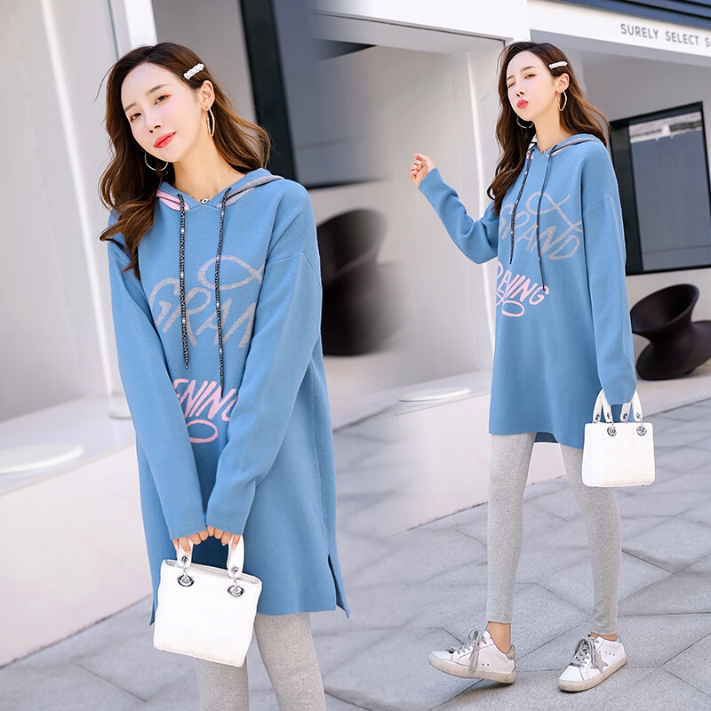 迪鲁奥(DILUAO)孕妇装秋冬装新款连帽女中长款新款春秋季长袖宽松针织衫套头上衣套装 蓝色 均码[适合约90-