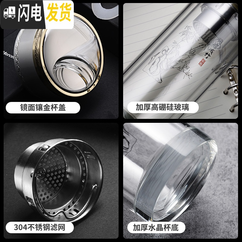 三维工匠带把玻璃杯双层加厚男士保温透明水杯商务有手柄茶杯子防摔
