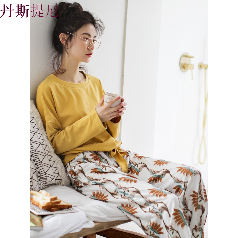 睡衣女春秋纯棉长袖可外穿韩版清新学生蝴蝶结圆领宽松家居服套装