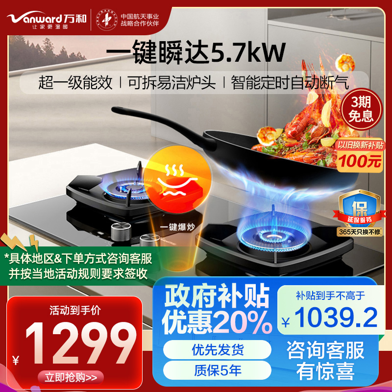 万和(Vanward)[一级能效]燃气灶天然气 5.7KW猛火90秒一键爆炒 智能定时熄火保护可调节盘JZT-S5L55