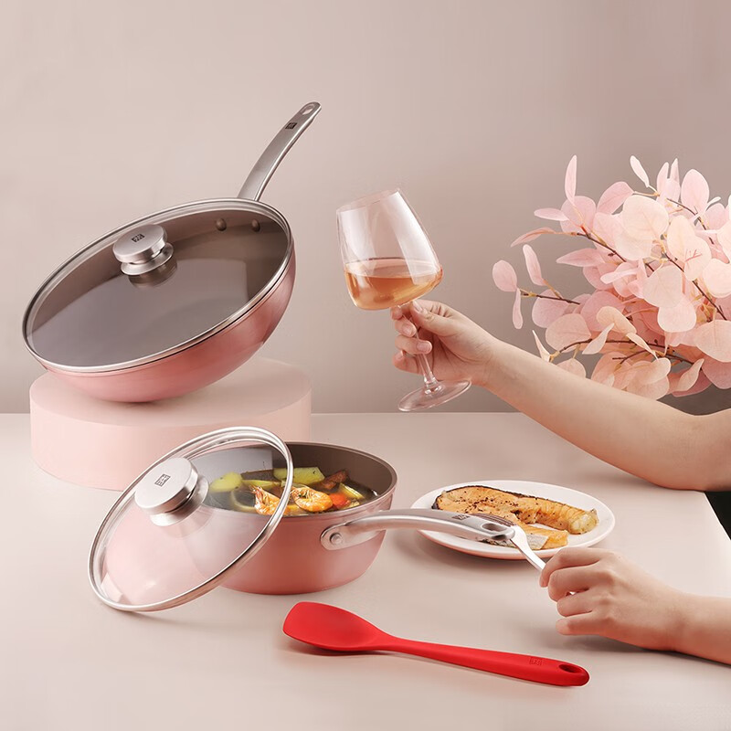 双立人 Enjoy 不粘锅套装中式煎炒锅厨房用锅具套装粉色 24cm锅+20cm锅+小铲ZW-EY107 3件套