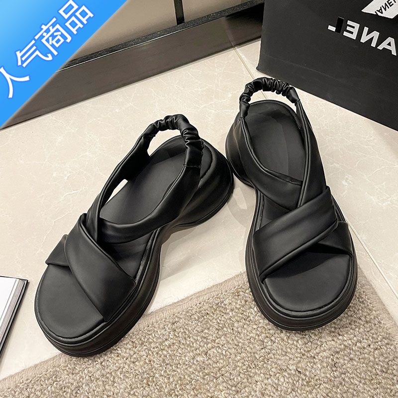 SUNTEK凉鞋女夏季2023新款松糕厚底小个子沙滩鞋高级感法式配裙子罗马鞋高清大图