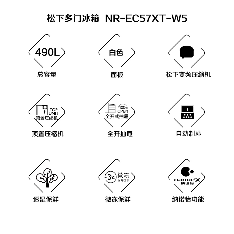 松下(Panasonic)多门冰箱NR-EC57XT-W5 490L原装进口 纳诺怡X除菌除异味 自动制冰 透湿保鲜风冷