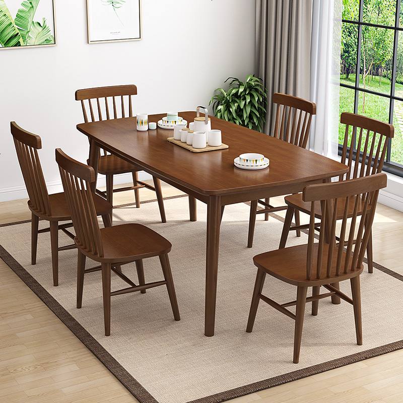 北欧实木餐桌家用实木饭桌欧式简约长方形餐台小户型餐桌椅组合 1.2米1桌六椅（胡桃色）
