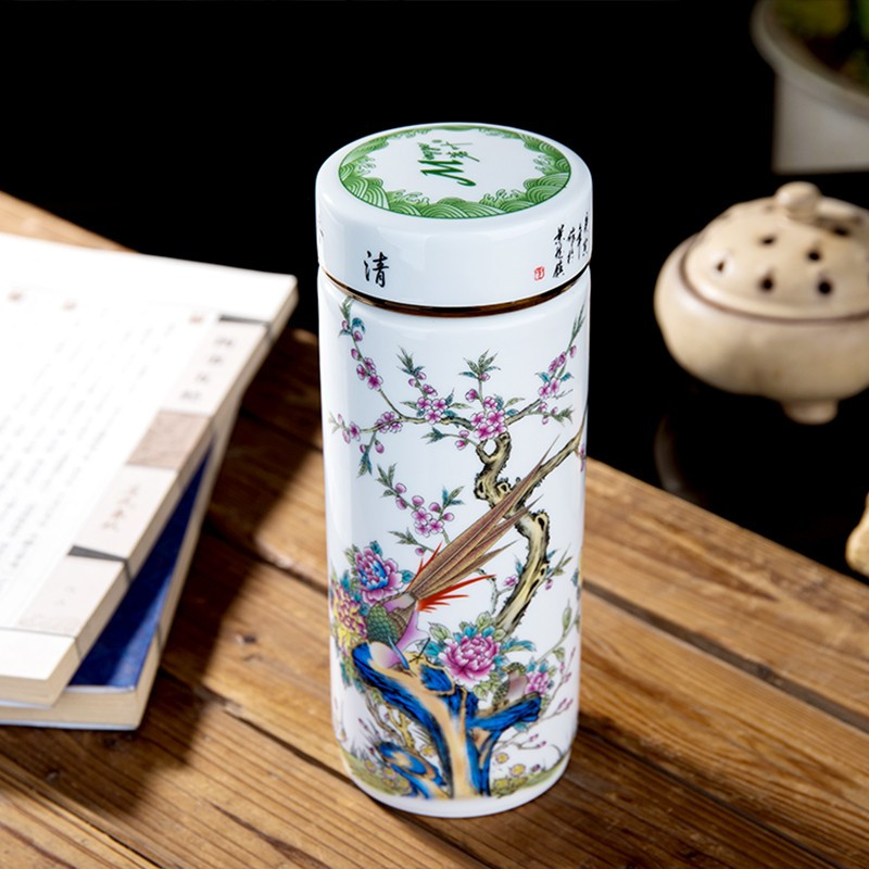 鼎亨陶瓷保温杯青花瓷大容量550ml茶杯泡茶耐热大号创意防漏杯