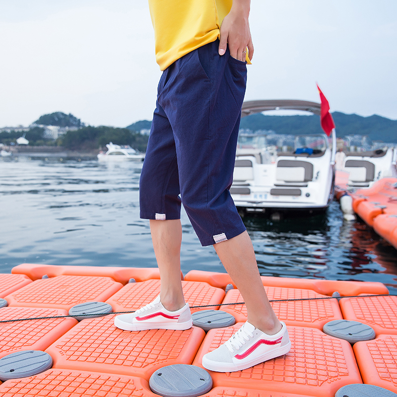 2018夏季年轻男士薄款韩版七分休闲裤棉麻裤哈伦裤青年舒适潮短裤