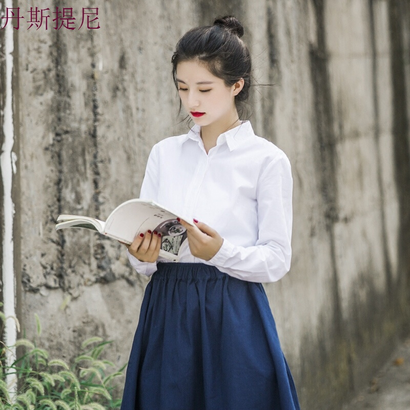 春款文艺休闲纯棉尖领长袖白衬衫宽松男友风白衬衣女款打底衫白色
