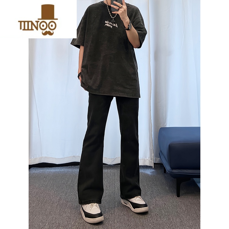 YANXUcleanfit纯黑色牛仔裤男款西海岸美式高街裤子修身弹力vibe微喇裤高清大图