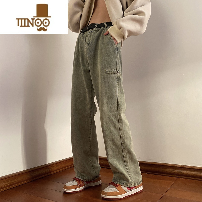 YANXU黄泥色牛仔裤男日系水洗做旧潮牌美式高街百搭宽松直筒休闲长裤Y高清大图