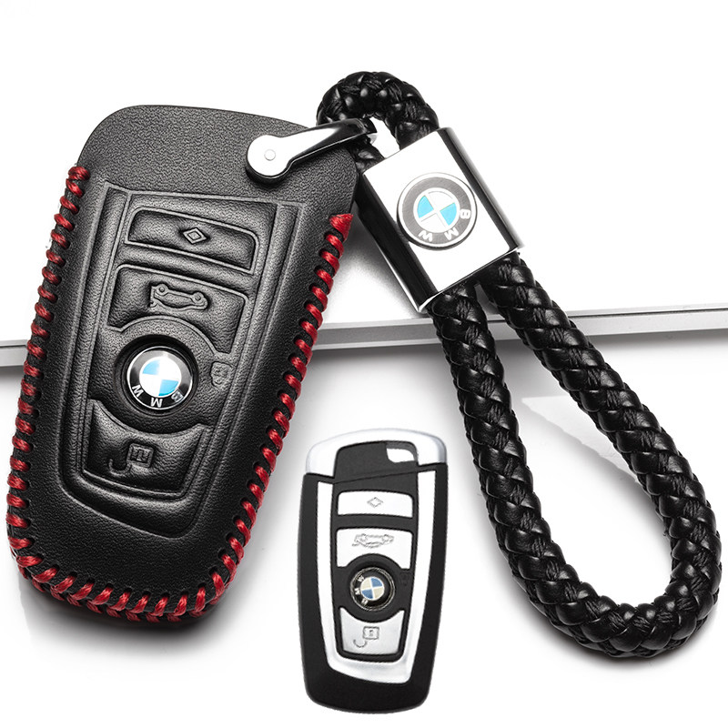 【补贴10%】2020款宝马x1/X2钥匙套18款专用汽车真皮钥匙包扣新智能刀锋2016汽车钥匙包 B款黑红色方形一键启动四个按键+绳