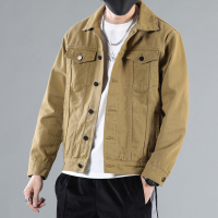蓝缕金(LANLVJIN)男士夹克春季2021新品翻领修身水洗棉涤牛仔夹克衫青年开衫单排扣短款外套韩版休闲牛仔衣男装