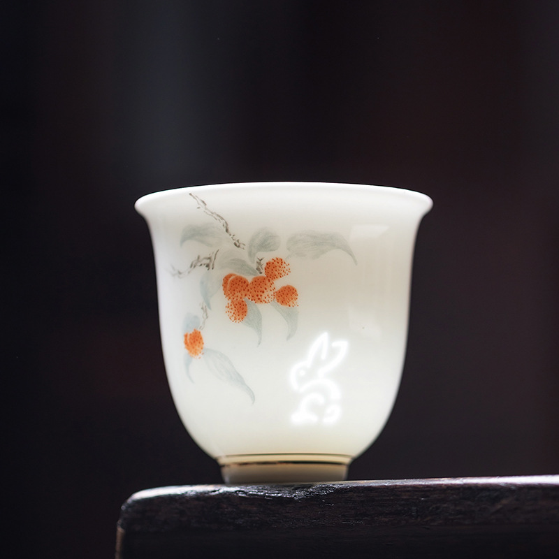 华普思羊脂玉玲珑花神杯白瓷茶杯品茗杯主人杯家用陶瓷单杯功夫茶具礼品 玲珑杯-喜乐高清大图