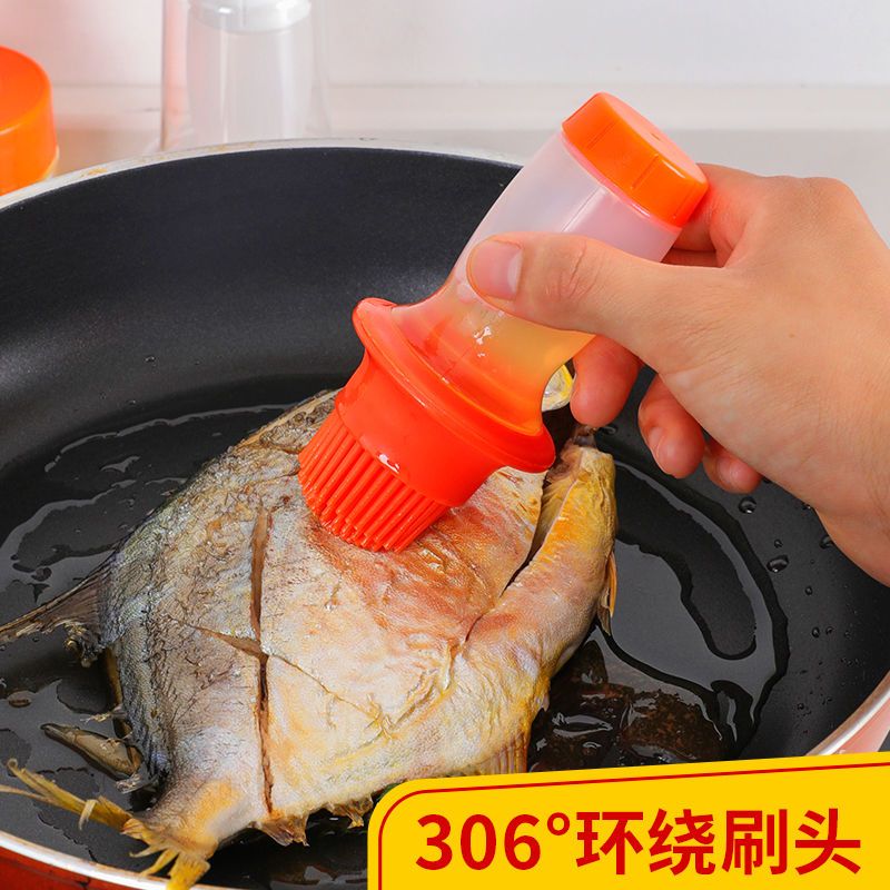 家用刷油刷子厨房烙饼烧烤烘培刷带瓶耐高温不掉毛油壶硅胶刷工具 橙色挤压款