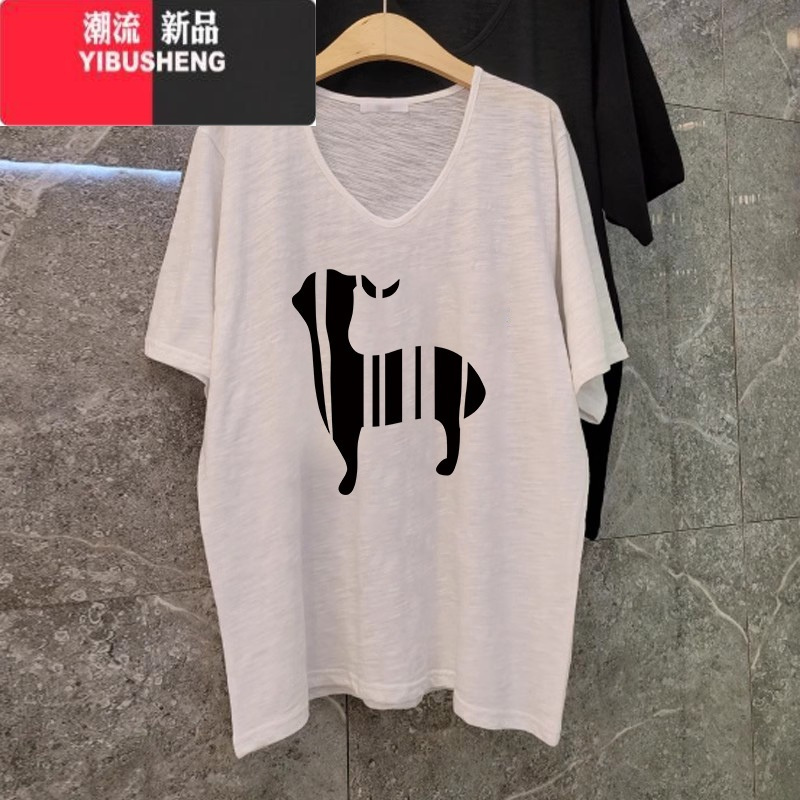 YIBUSHENG大码V领T恤女2024新款竹节棉白色短袖oversize休闲宽松显瘦上衣