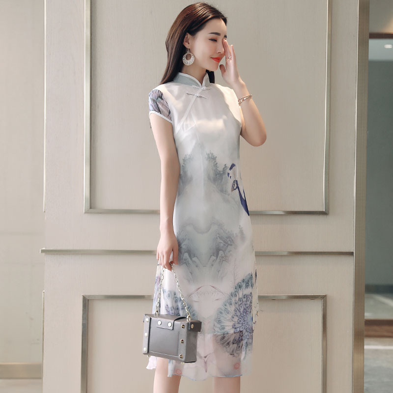 旗袍夏款女士新品女中国风雪纺印花中长款优雅日常改良旗袍连衣裙