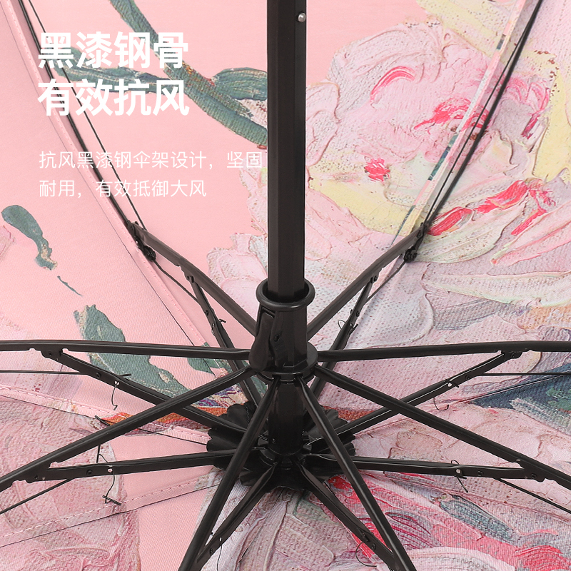 旭晴时尚花型8骨手动黑胶双层三折伞晴雨两用